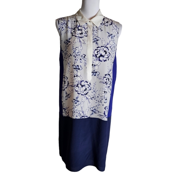 Rebecca Taylor 100% Silk Blue Colorblock Floral Print Mini Shirt Dress Size 8 - Picture 3 of 15